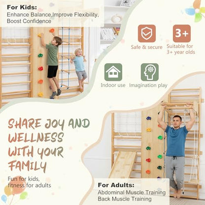 10-in-1 Swedish Ladder Indoor Jungle Gym for Kids Ages 3–12, 500 LBS Wooden Wall-Mounted Climbing Set with Slide, Swing, Rings, Monkey Bars – Montessori Play & Fitness Playground - size: 10-in-1