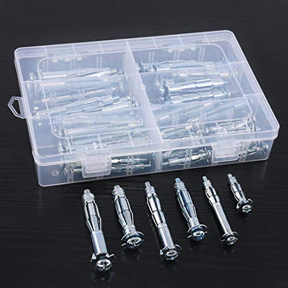 52-Pcs 6 Sizes Heavy Duty Zinc Plated Steel Molly Bolt Drive Hollow Wall Anchor Screws Assortment Kit for Drywall Sheetrock