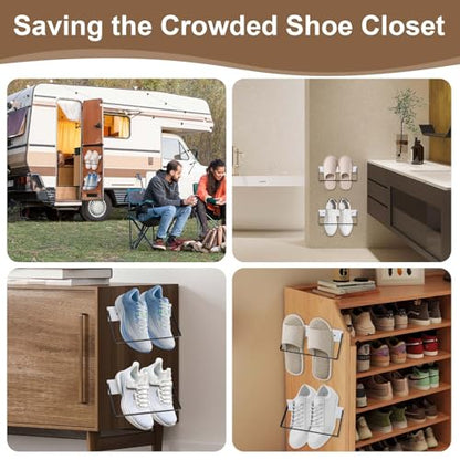 SCUNDA 2-Pack Wall Mounted Shoe Rack, Wooden & Metal Foldable Shoe Rack - Space Saving Wall Shoe Holder for Entryway, RV, Camper, Closet, Apartment, Fits Various Shoes-White
