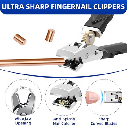 6PCS Toenail Clippers for Seniors Thick Toenails, Heavy Duty Nail Clippers for Men, Ultra Sharp Slanted Ingrown Toenail Clippers with Catcher, Wide Jaw Large Nail Cutters with Leather Case