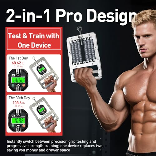 2-in-1 Grip Strength Tester & Trainer - 150kg/330lb Digital Dynamometer with Adjustable Resistance Levels Backlit LCD Screen for Sports & Fitness