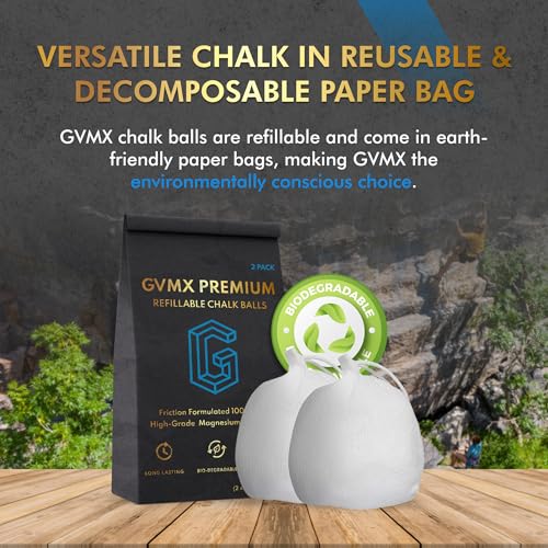 130g (2 x 65g) Premium Chalk Balls. Pro-Grade Gym Chalk in Refillable Sock. Eco Friendly Packaging. Grip Enhancing Gym Accessory for Weightlifting, Rock Climbing, Gymnastics & More. Package May Vary.