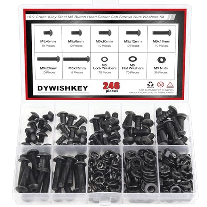 DYWISHKEY 246 Pieces M5 Black Screws, 10.9 Grade Alloy Steel M5x 6/8 /10/12 /16/20 /25mm Button Head Socket Cap Screws Bolts Nuts Washers Assortment Kit - size: M5, style: Button Head Socket Cap