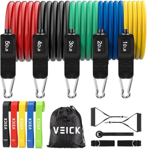 VEICK 10-150LBS Resistance Bands with Handles, Ankle Straps, Door Anchor | Accredited Lab Certified, 100% Natural Latex, Versatile for Yoga, Pilates, Strength, Home Gym - color: Colorful, style: 10-150LBS + 5 Loop Bands