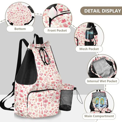 Yuiboo Pink Corals Mens Drawstring Bags Climbing Gym Bag with Inside Pockets Cinch Sacks Dry Wet Separation