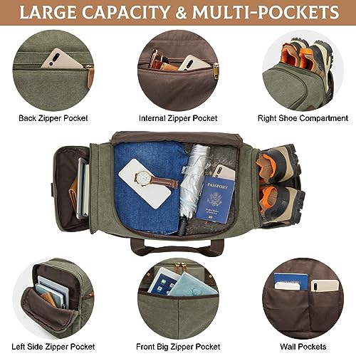 S-ZONE Large Canvas Travel Duffel Bag Weekend Overnight Bag with Shoes Compartment Holdall Gym Bag with Multi-Pockets for Men and Women, Army Green, X-Large | Water-resistant, X-Large Size, Multi-Pockets, Removable Shoulder Strap, for Gym or Travel, Army