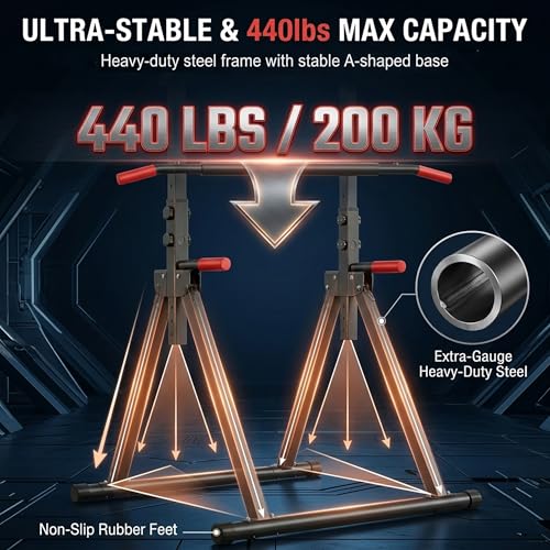 Power Tower, Foldable Dip Station & Pull Up Bar Stand, 6-Level Adjustable Height, 440lbs Heavy-Duty Strength Training Equipment for Home Gym