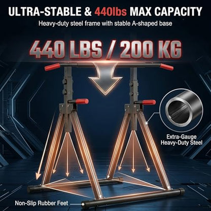 Power Tower, Foldable Dip Station & Pull Up Bar Stand, 6-Level Adjustable Height, 440lbs Heavy-Duty Strength Training Equipment for Home Gym