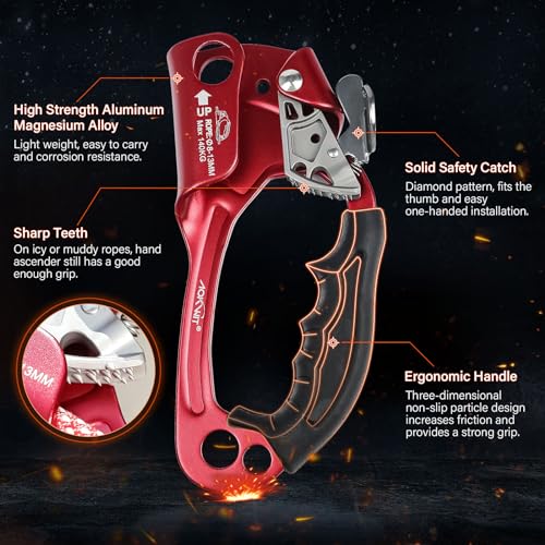 UIAA & CE Certified Rope Ascender Aluminum Alloy Rock Climbing Gear Strong Rigging Rappelling Equipment for Rock Tree Climbing Arborist Rescue Mountaineering Caving - color: Right Hand Red 2