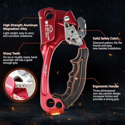 UIAA & CE Certified Rope Ascender Aluminum Alloy Rock Climbing Gear Strong Rigging Rappelling Equipment for Rock Tree Climbing Arborist Rescue Mountaineering Caving - color: Right Hand Red 2