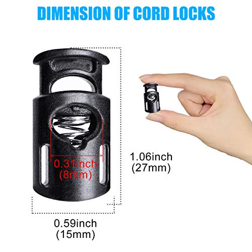 AQRINGO Plastic Cord Locks Single Hole Spring Toggle Stopper Cord Stops Fastener Toggles for Shoelaces, Drawstrings, Paracord, Bags, Clothing, and More (10Pcs, Black)
