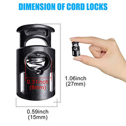 AQRINGO Plastic Cord Locks Single Hole Spring Toggle Stopper Cord Stops Fastener Toggles for Shoelaces, Drawstrings, Paracord, Bags, Clothing, and More (10Pcs, Black)