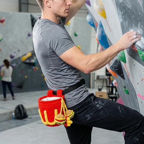 Handmade Crochet Rock Climbing Chalk Bag, Fun Plush Animal Chalk Pouch with Drawstring, Adjustable Waist Belt for Indoor Outdoor Bouldering Sport Climbing - style: Hamburger Fries