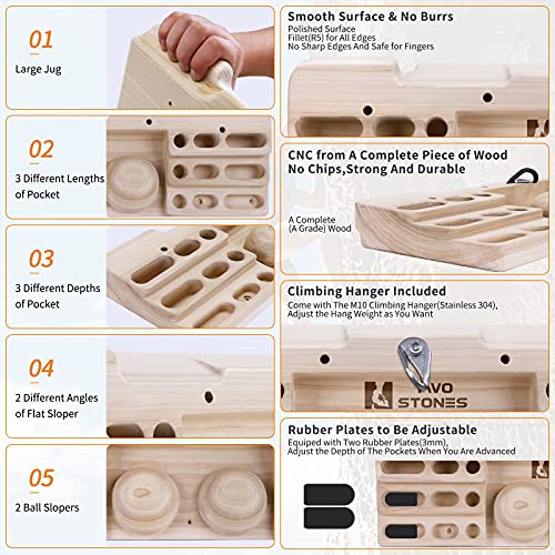 TWO STONES Wooden Hangboard Rock Climbing Pull Up Bar Designed Training for Climbing, Wooden Fingerboard Climbing Training Board for Building Core Strength and Endurance (CJ-HB2005)