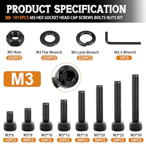 mankk 1015PCS M3 Screws Kit, M3×6/8/10/12/16/20/25/30mm Hex Socket Head Cap Screws,12.9 Grade Alloy Steel Machine Screws with Nuts & Washers for 3D Printer Electronics DIY Repair - size: M3 -1015PCS, style: Hex Socket Cap