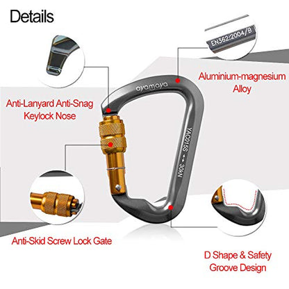 Ayamaya Climbing Carabiners - 3 Pack Screwgate Locking Carabiner 30KN (6744 lbs) Heavy Duty Gears for Rock Climbing, Rappelling, Swing Rescue & Gym, Large D-Shaped Carabiners - color: Grey