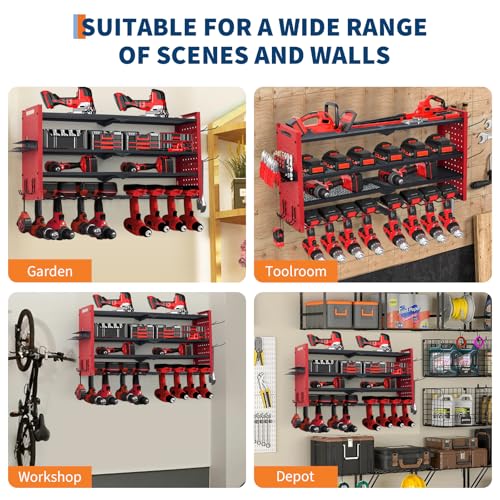 TrailBlaze Heavy Duty Power Tool Organizer Wall Mount – 4-Layer Metal Tool Storage Rack with 8 Drill Slots & Hooks, 400lbs Capacity, Garage Workbench Drill Holder – Hanging Board Style, 4 Layers 8
