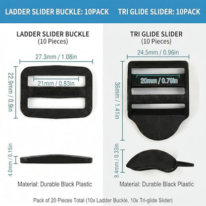 Ladder Lock Tri Glide Slide - Adjustable Strap Clips for Backpack/Gear Straps - Fits 3/4",1",1-1/4",1-1/2",2" Webbing - color: 10-pack for 3/4" Webbing