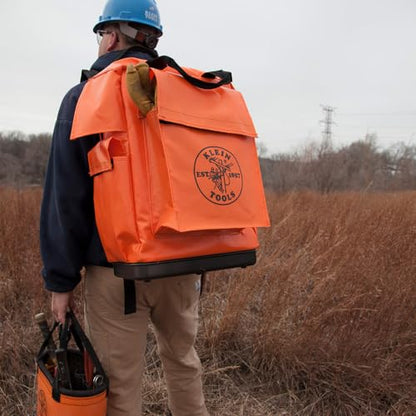 Klein Tools 5185ORA Tool Bag Backpack, Made in USA, Lineman Backpack, Adjustable Padded Shoulder Straps, Double-Stitched Bottom with Drain Holes, Orange