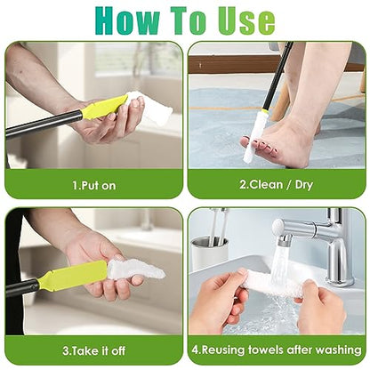 Toe Cleaning Brush,Foot Brush with Reusable Drying Covers.Foot Scrubber with Telescopic Aluminum Alloy 12"-24",Long- Handled Toe Lotion Applicator for Seniors,Elderly, Disabled Men and Women