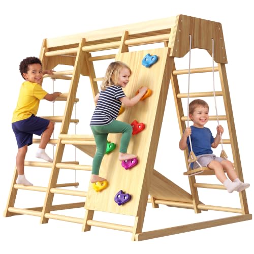 Avenlur Magnolia 7-in-1 Indoor Jungle Gym for Kids, Large, Natural | Wooden Montessori play gym, indoor playground ages 2-6, FSC pine, slide, swing, monkey bars, rock wall, 57.3 x 47.9 x 56.2 in - color: Natural, size: Large (57.3" x 47.9" x 56.2")