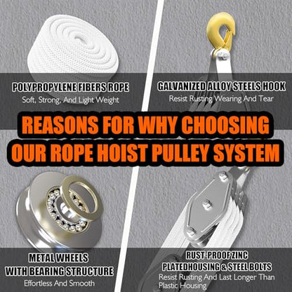 YATOINTO Rope Pulley Hoist 4400 LB, 8:1 Power Pulley Block and Tackle System, Pulley Block 65ft, Rope Hoist for Garage Warehouse Constructions with 1 Swing Hanger 2 Screws 2 Expansion Bolts - color: White, size: UPGRADED-4wheels+swing hanger