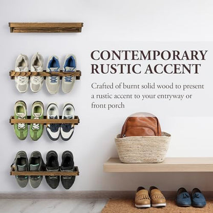 MyGift Set of 4 Rustic Burnt Solid Wood Hanging Shoe Storage Organizer Racks, Wall Mounted Space Saving Footwear Holder for Closet, Mudroom, Entryway, Holds 8 Pairs - color: Burnt Wood