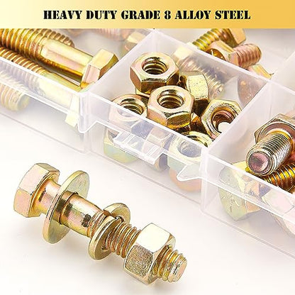 ZTF SAE Grade 8 Bolts and Nuts Assortment Kit, Heavy Duty Hex Cap Screw & Bolt Assortment Sets 12 Common Sizes, 1/4-20 5/16-18 3/8-16 Assorted Nuts Bolts Washers, 42 Sets, 3/4" to 1-1/2" Length - style: gold-1/4-20 5/16-18 3/8-16 Sae bolts
