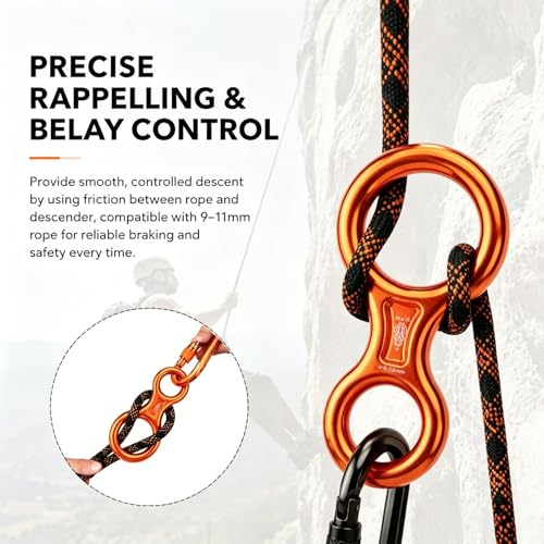 Figure 8 Descender, 30kN Climbing Descender, Heavy Duty 7075 Aluminum Belay & Rappel Equipment for Climbing, Mountaineering, Arborist, Caving, Aerial Yoga - color: 35kN-Orange