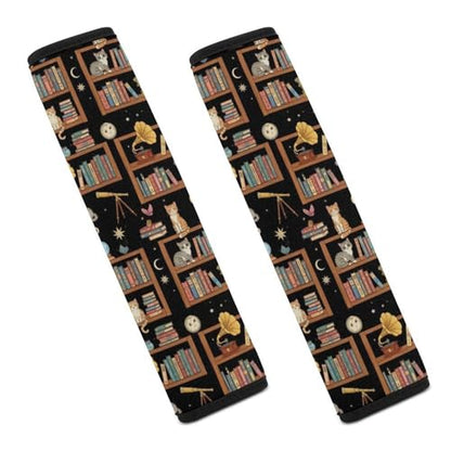 Universal Soft and Comfortable Seat Belt Cover for Adult Use, Stroller Pushchair High Chair, 2 Pack Aesthetic Bookshelf Cat Shoulder Harness Cover - color: Pattern 201