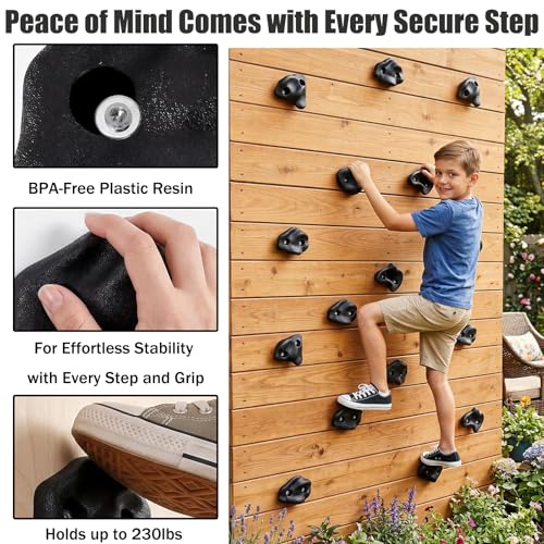 ZENFUN 18 Pc Rock Climbing Holds, Indoor & Outdoor Rocks Wall Climbing Kit, Black Rock Climb Holds Playground Play Set, Multi-Shape Climbing Rock Wall Grips with Mounting Hardware