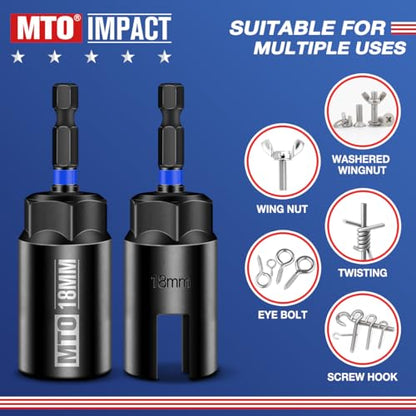 MTO Wing Nut Driver Set 4PCS, 9mm 12mm 15mm 18mm, 1/4” Hex Shank Wing Nut Driver Bit Set, for Hook Bolt Installation, Wire Twisting