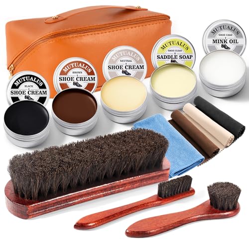 13PCS Horse Hair Shoe Brush Polish Cleaner Kit, 3PCS Shoe Brush With Black & Brown Mink Saddle Oil, Polishing Cloth Microfiber Cloth Storage Pouch