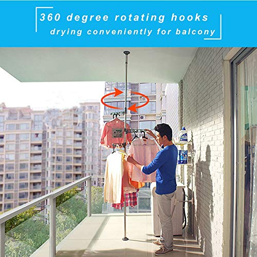BAOYOUNI 4-Tier Standing Clothes Laundry Drying Rack Coat Hanger Organizer Floor to Ceiling Adjustable Metal Corner Tension Pole, Grey | Metal Corner Tension Pole，Floor to Ceiling Adjustable ， Space-Saving Laundry Organizer，No Drilling Required