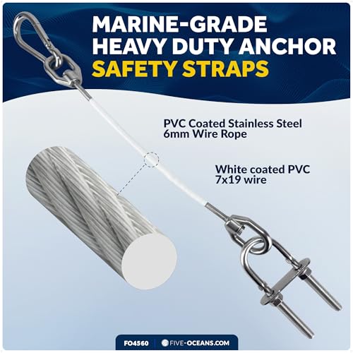 Five Oceans 12-Inch Anchor Safety Straps, Heavy Duty 7x19 PVC Coated Stainless Steel 6mm Wire Rope, Includes 5/16-Inch Carabiner Snap Hook and 5/16-Inch U-Bolt - FO4560