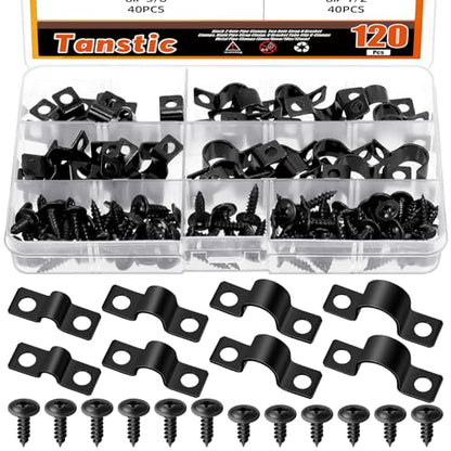 Tanstic 40Pcs Black Two Hole Pipe Strap, 3/16” 5/16” 3/8” 1/2” Two Hole Strap U Bracket Rigid Pipe Strap Pipe Strap Clamp with Phillips Modified Truss Head Wood Screws for Fixing Conduit, U Bracket - size: 5/8/10/12mm