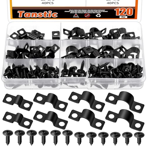 Tanstic 40Pcs Black Two Hole Pipe Strap, 3/16” 5/16” 3/8” 1/2” Two Hole Strap U Bracket Rigid Pipe Strap Pipe Strap Clamp with Phillips Modified Truss Head Wood Screws for Fixing Conduit, U Bracket - size: 5/8/10/12mm