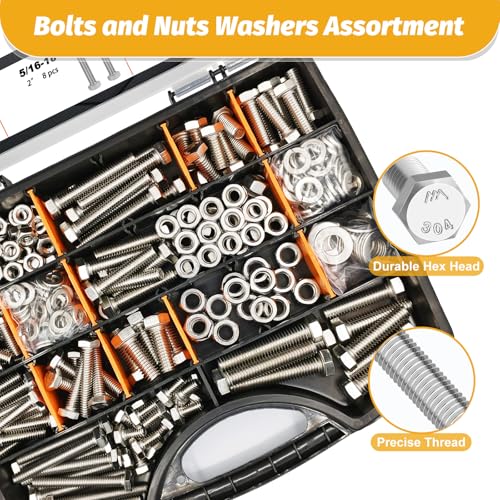 Kadrick 456Pcs 18-8(304) Stainless Steel Hex Bolts Assortment,1/4-20 5/16-18 3/8-16 Heavy Duty Bolts and Nuts Kit, Assorted SAE Bolts Nuts Flat&Lock Washers,Lenth Form 1/2''-2'' - size: 456Pcs Stainless SAE Hex Bolts