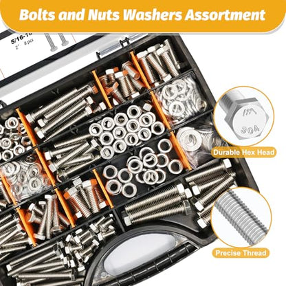 Kadrick 456Pcs 18-8(304) Stainless Steel Hex Bolts Assortment,1/4-20 5/16-18 3/8-16 Heavy Duty Bolts and Nuts Kit, Assorted SAE Bolts Nuts Flat&Lock Washers,Lenth Form 1/2''-2'' - size: 456Pcs Stainless SAE Hex Bolts