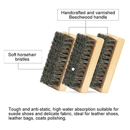 Shoe Brush for Cleaning, Horsehair Bristles Wooden Shine Shoe Brush Cleans Leather, Suede, Nubuck and Delicate Textiles - 3 Pack