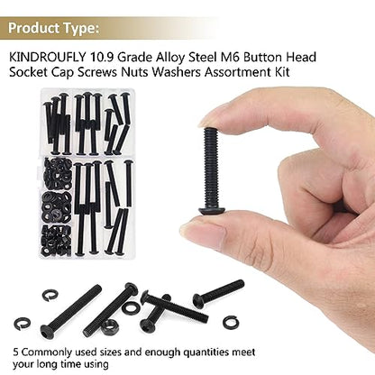 87 Pieces Black M6 x 30/35 /40/45 /50 mm Button Head Socket Cap Screws Nuts Washers Assortment Kit, 10.9 Grade Alloy Steel - size: M6 x 30/35/40/45/50mm, style: Button Head