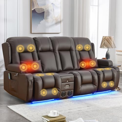IPKIG Power Recliner Sofa with Flip-Up Backrest Console, USB & USB-C Ports, AC Outlet, LED Lights, Wall Hugger Recliners for Living Room, RV (Brown, 89" - 4 Seat) - color: Brown, size: 89" - 4 Seat