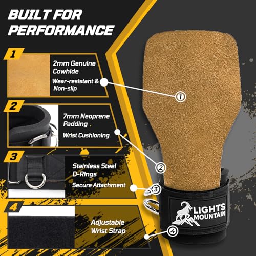 Weight Lifting Straps with D Rings, Leather Palm Grip, 7mm Wrist Support Padding, Adjustable Fit for Cable Machines & Free Weights