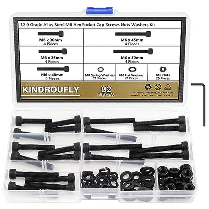 82 Pieces Black M6 x 30/35 /40/45 /50 mm Hex Socket Head Cap Screws Nuts Washers Assortment Kit, 12.9 Grade Alloy Steel - size: M6 x 30/35/40/45/50mm, style: Socket Head