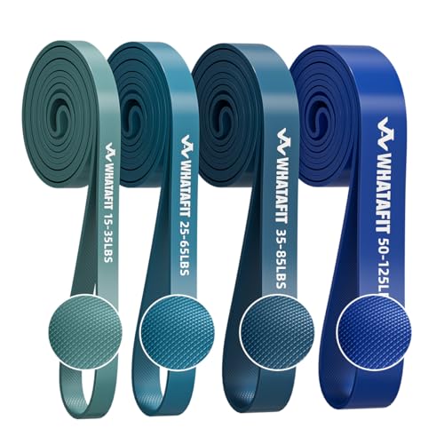 WHATAFIT Resistance Bands, Pull Up Assist Bands with Handles, Door Anchor | Natural Latex Rubber, Progressive Tension, Exercise Loop for Full-Body Fitness, Portable Gym Bag, Warm-Up & Stretch - color: 15-125LBS BLUE