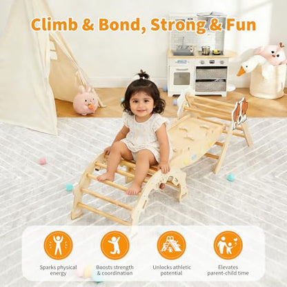 7-in-1 Collapsible Climbing Triangle Climbing Set for Toddlers, Wooden Indoor Jungle Gym Playground with Arch, Ramp & Ladder, Space-Saving, Toddler Climbing Toys, Natural Wood Color - color: Wooden Frame