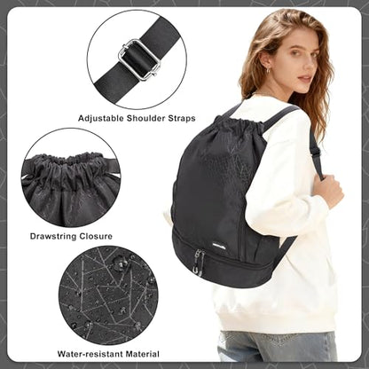 HOLYLUCK Drawstring Backpack Gym Bag with Shoe Compartment for Soccer,Basketball, String Swim Beach Bag for Men Women, Black - color: Black