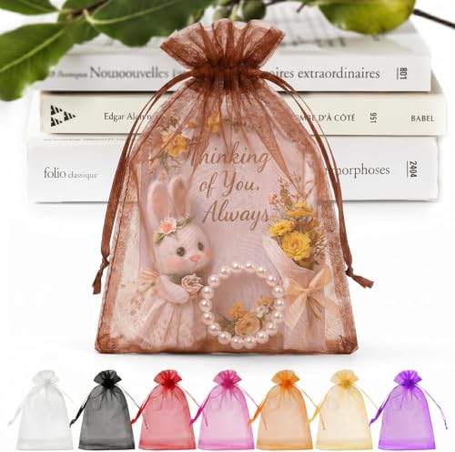 ANZNKU 50 PCS Organza Bags 5 x 7, Brown Small Mesh Gift Bags Drawstring | Sheer Goodie Sachet Pouches for Wedding Party Favors Baby Bridal Shower & Halloween, Use for Candy Jewelry Soap Treats Makeup - color: Brown