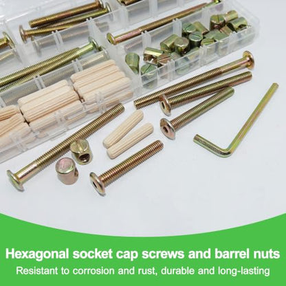 21Set Crib Screws Set,Bed Frame Bolts,Nuts and Wooden Dowel Pins Kit,Hex Socket Cap Furniture Screws&Barrel Nuts for Beds Furniture Headboards Crib Hardware Replacement Kit, M6x40/50/60/70/80mm Wrench - size: Gold-M6x40/50/60/70/80mm-21 Sets