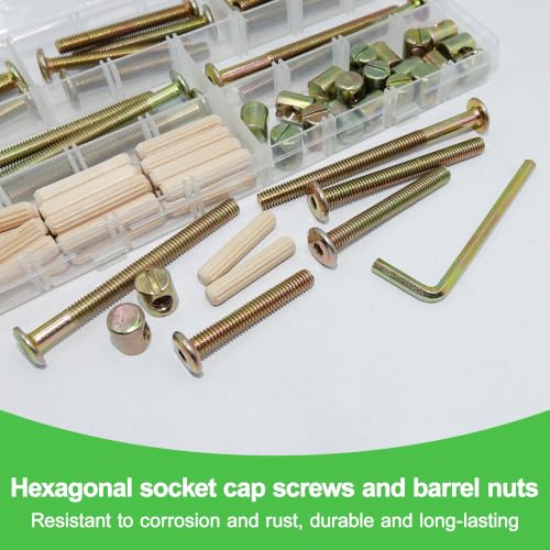 21Set Crib Screws Set,Bed Frame Bolts,Nuts and Wooden Dowel Pins Kit,Hex Socket Cap Furniture Screws&Barrel Nuts for Beds Furniture Headboards Crib Hardware Replacement Kit, M6x40/50/60/70/80mm Wrench - size: Gold-M6x40/50/60/70/80mm-21 Sets